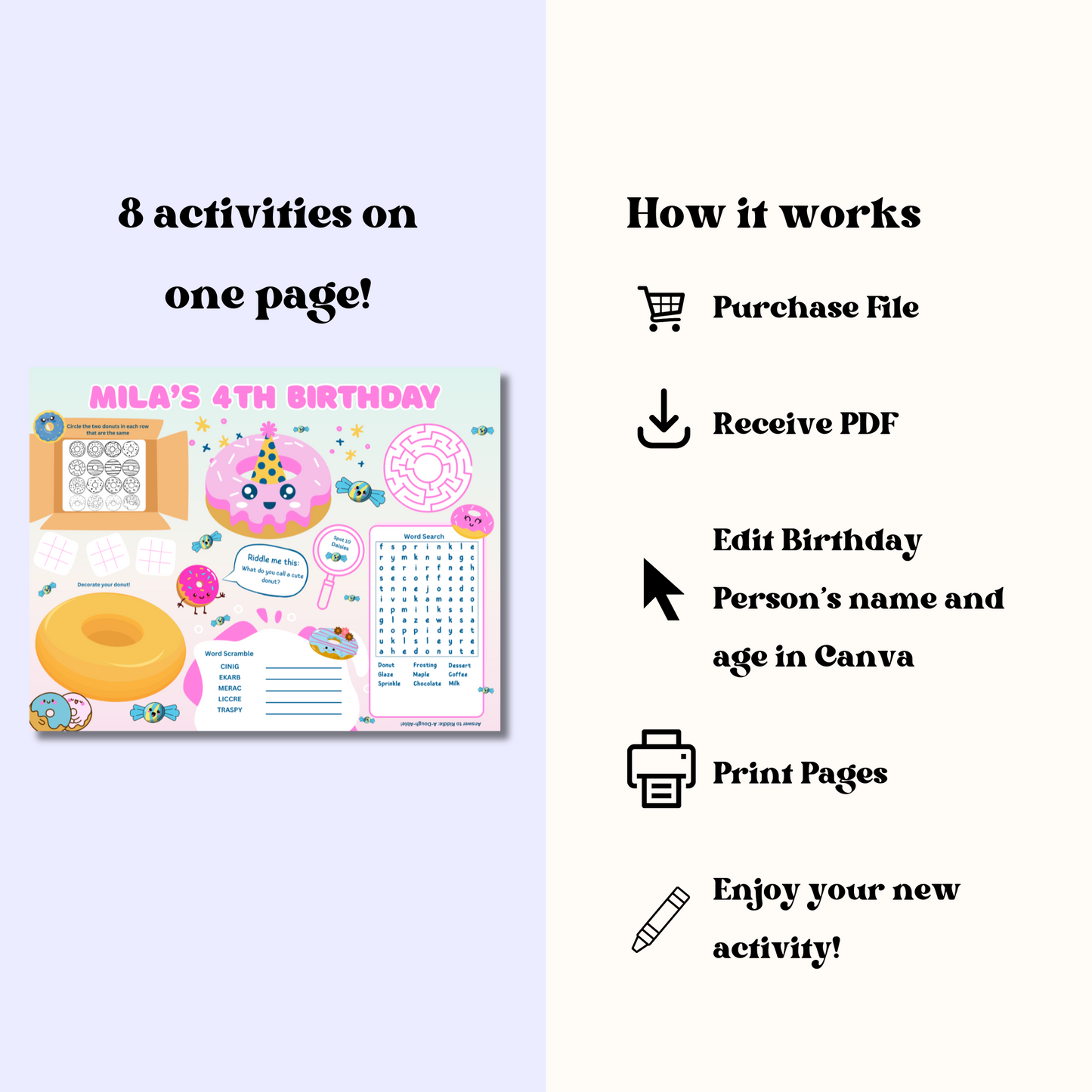 Donut Editable Activity Placemat, Cute Donut Birthday Activity Page Template in Color