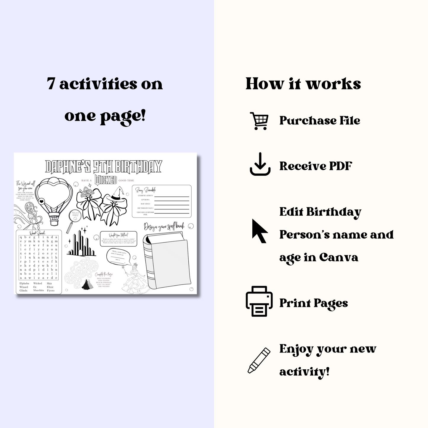 Wicked Themed Editable Activity Placemat, Kids Wizard of Oz Birthday Activity Page Template Black & White