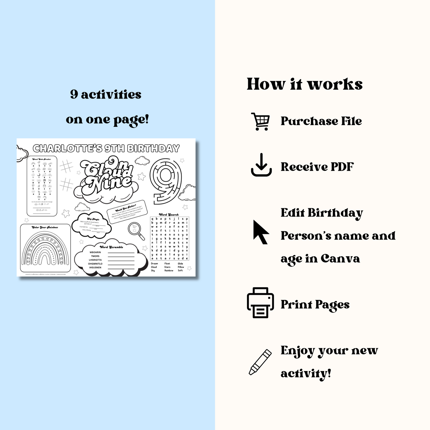 Cloud 9 Themed Editable Activity Placemat Template Black & White