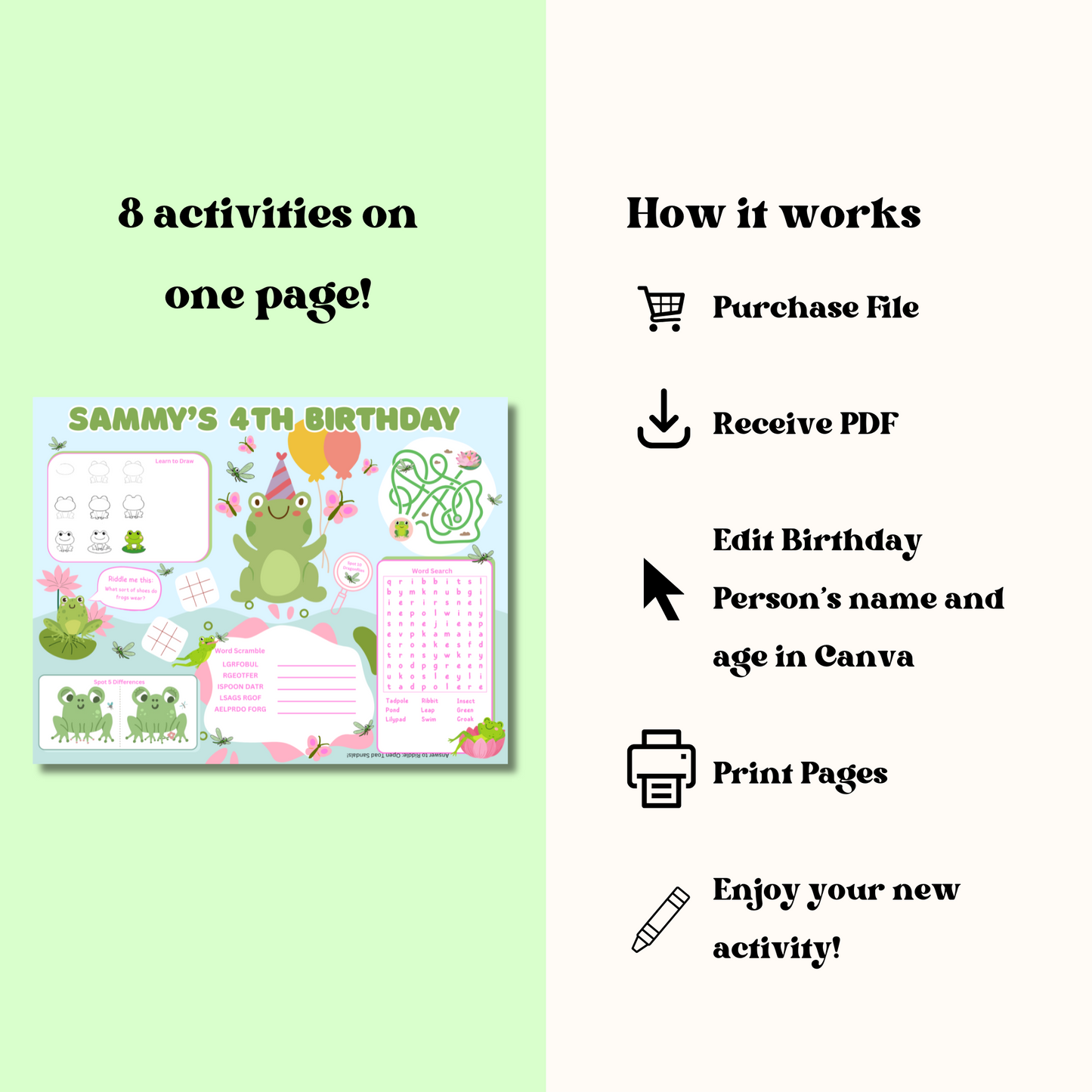 Frog Editable Activity Placemat, Kids Firefighter Birthday Activity Page Template in Color