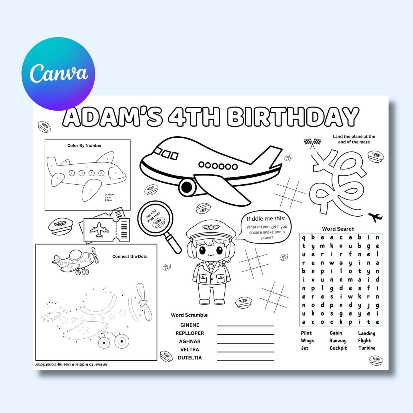 Airplane Editable Activity Placemat, Airplane Pilot Birthday Activity Page Template Black & White