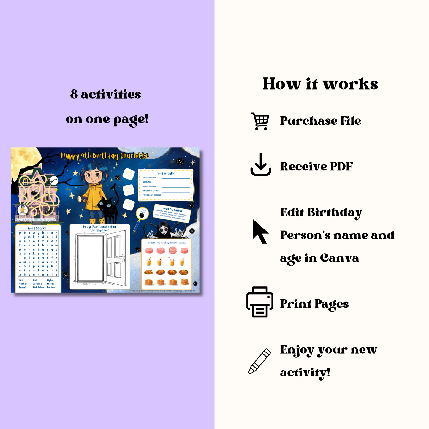 Coraline Activity Placemat Editable Template, Digital Download In Color