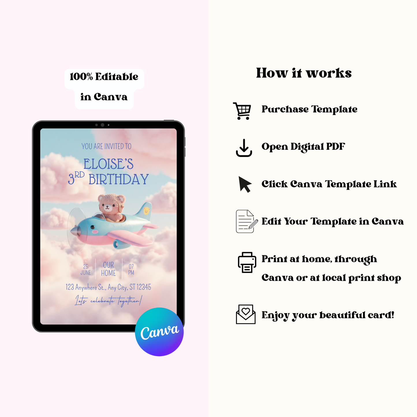 Airplane Kawaii Bear Pilot Birthday Invitation, Editable Invite, Instant Download 5x7