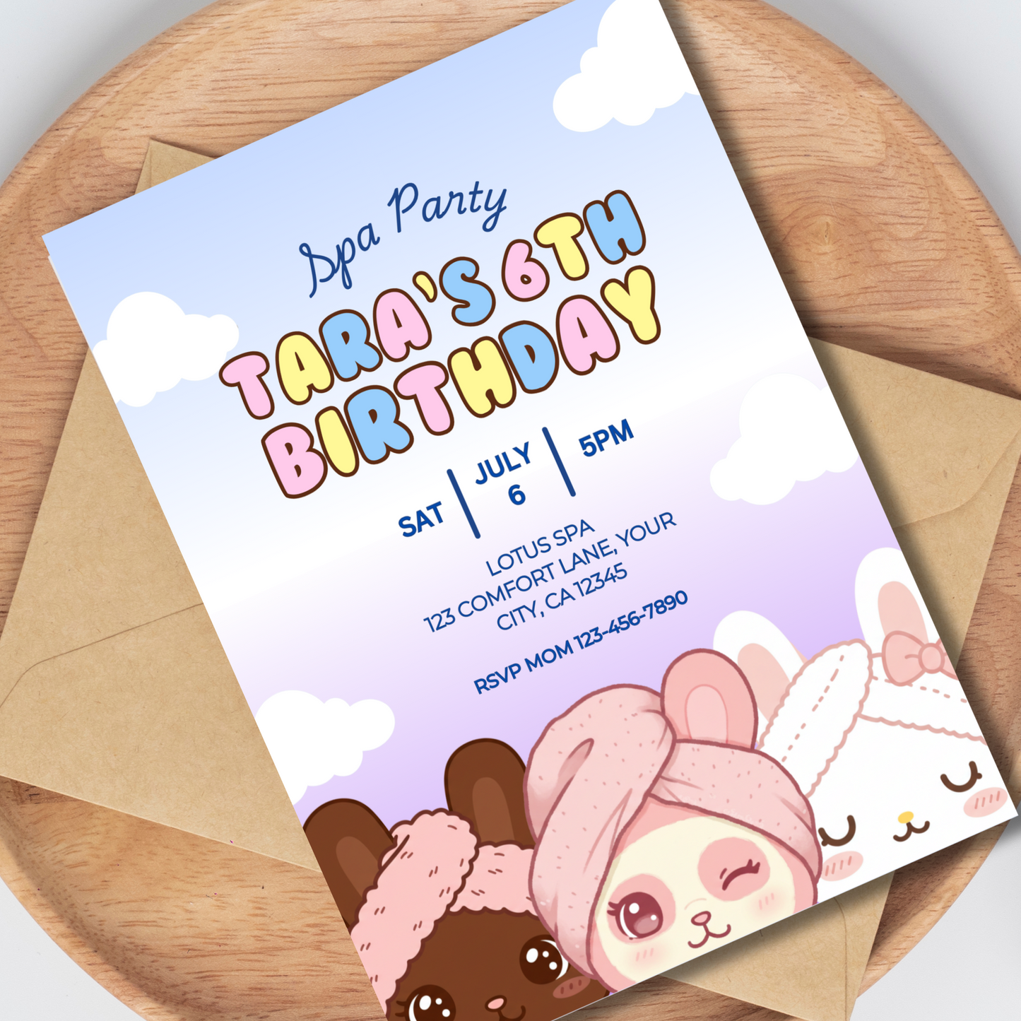 Spa Party Editable Invite, Kawaii Bunnies Slumber Party Invitation, Instant Download 5x7