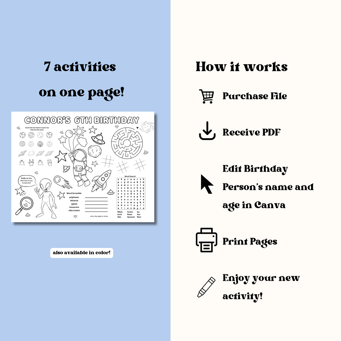 Astronaut Editable Activity Placemat, Birthday Activity Page Template Black and White
