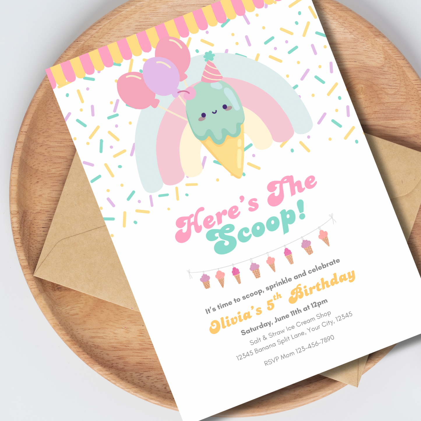 Ice Cream Birthday Invitation, Editable Summer Birthday Sweet Invite, Here's the Scoop Cone Printable Digital Template, Instant Download