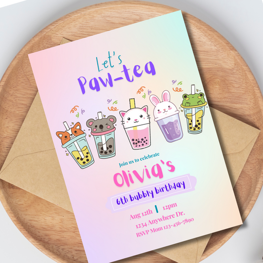 Boba Tea Birthday Invitation, Editable Bubble Tea Party Invite for Kids, Printable Paw-Tea Birthday Template, Instant Download, 5x7