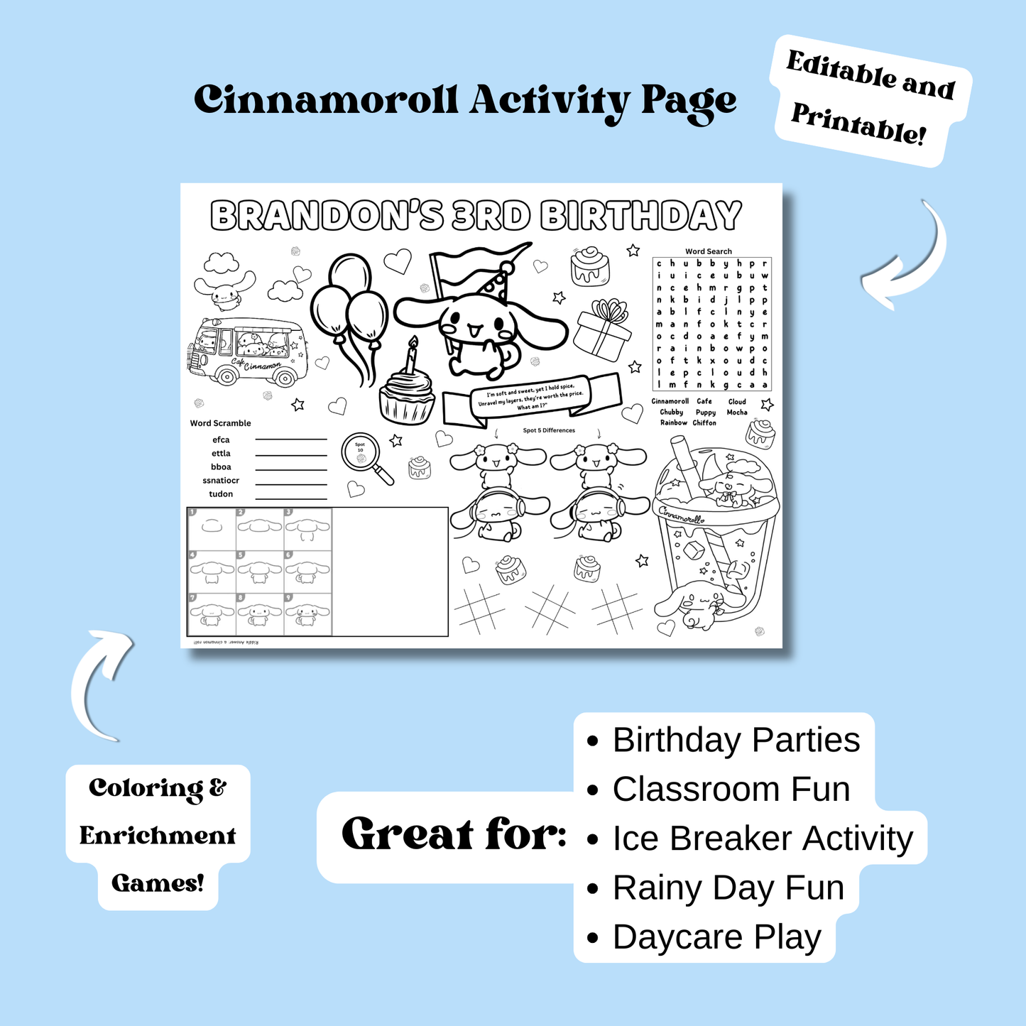 Cinnamoroll Activity Placemat Printable