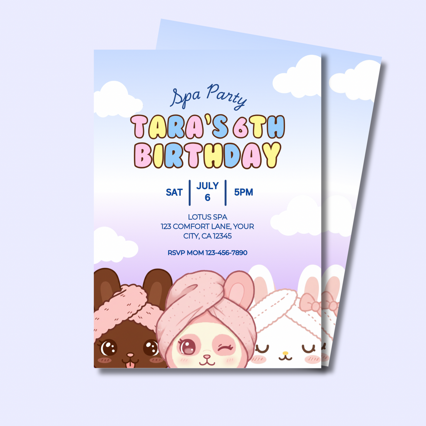 Spa Party Editable Invite, Kawaii Bunnies Slumber Party Invitation, Instant Download 5x7