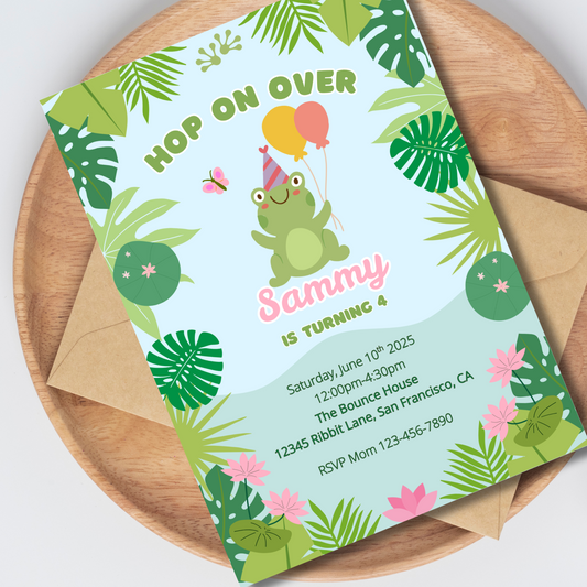 Frog Editable Invitation, Hop On Over Birthday Invite, Froggy Birthday Party, Cute Frog Invite Digital Template, Instant download