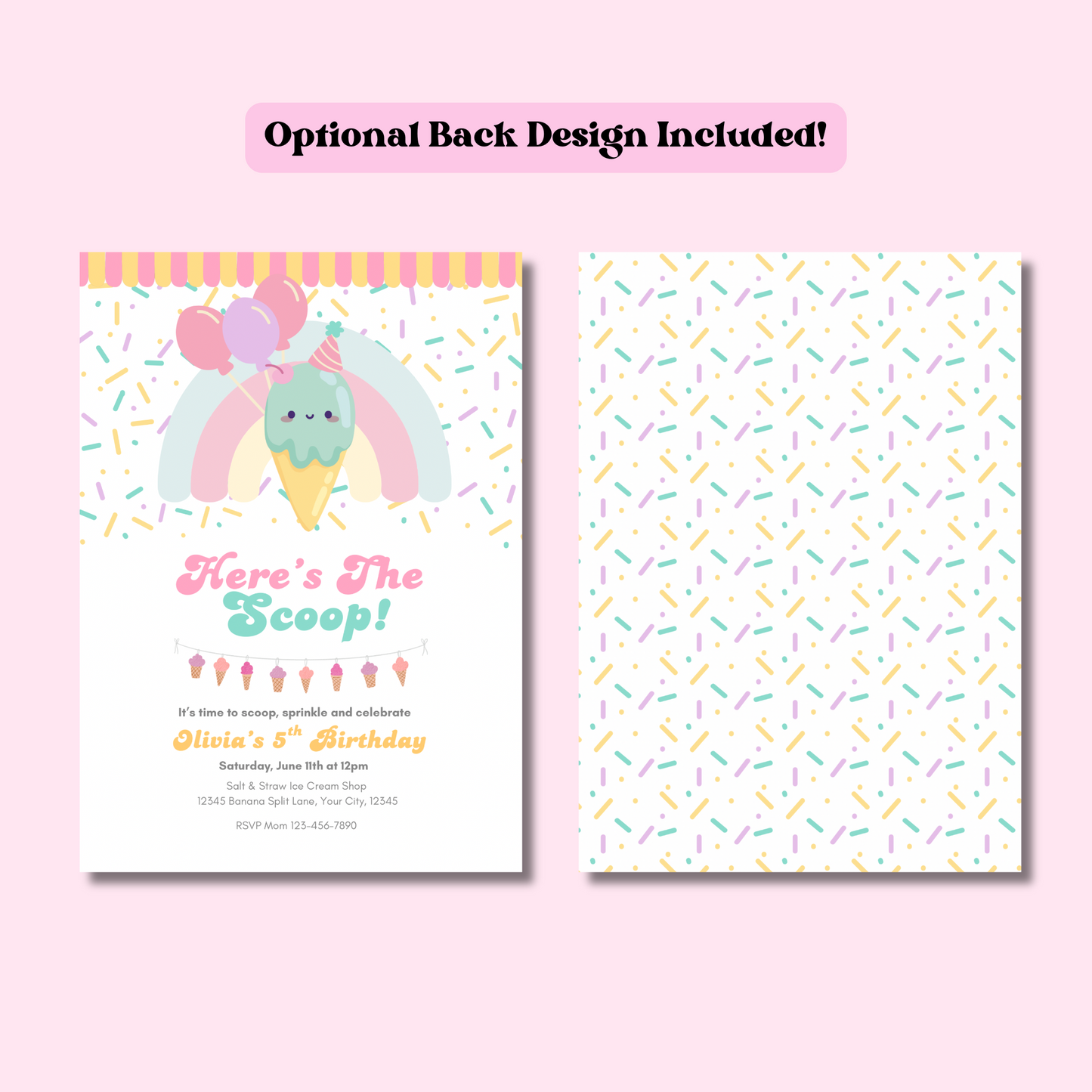 Ice Cream Birthday Invitation, Editable Summer Birthday Sweet Invite, Here's the Scoop Cone Printable Digital Template, Instant Download