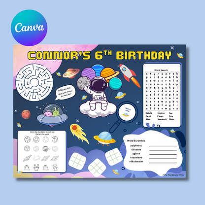Astronaut Editable Activity Placemat, Birthday Activity Page Template in Color