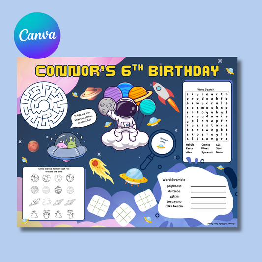 Astronaut Editable Activity Placemat, Birthday Activity Page Template in Color
