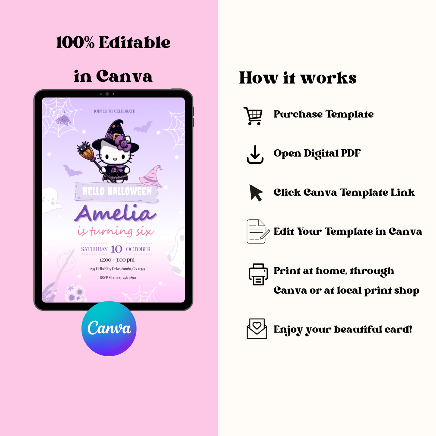 Hello Halloween Kitty Birthday Invitation, Editable Template, Instant Download 5x7