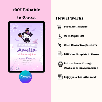 Hello Halloween Kitty Birthday Invitation, Editable Template, Instant Download 5x7