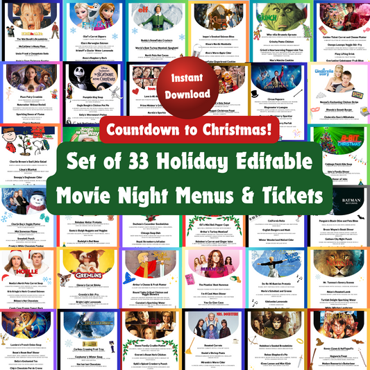 33 Christmas Dinner and a Movie Night Menus & Tickets, Holiday Movie Night Ideas for Family Movie Night, Kid Friendly Editable Menus