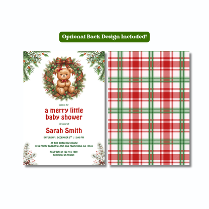 Merry Little Baby Shower Christmas Teddy Bear Invitation – Editable Canva Template