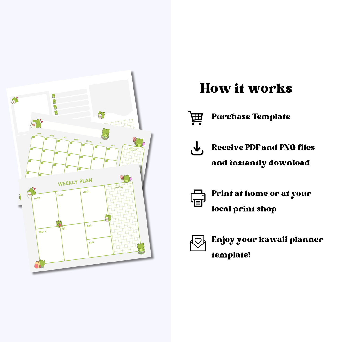 Cute Frog Planner Set: Monthly Calendar, Weekly Calendar, & Memo Notes | Printable | Instant Download