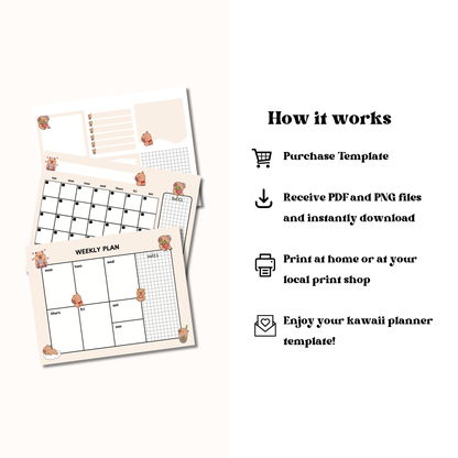 Kawaii Capybara Planner Set: Monthly Calendar, Weekly Calendar, & Memo Notes | Printable | Instant Download