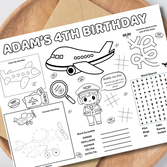 Airplane Editable Activity Placemat, Airplane Pilot Birthday Activity Page Template Black & White