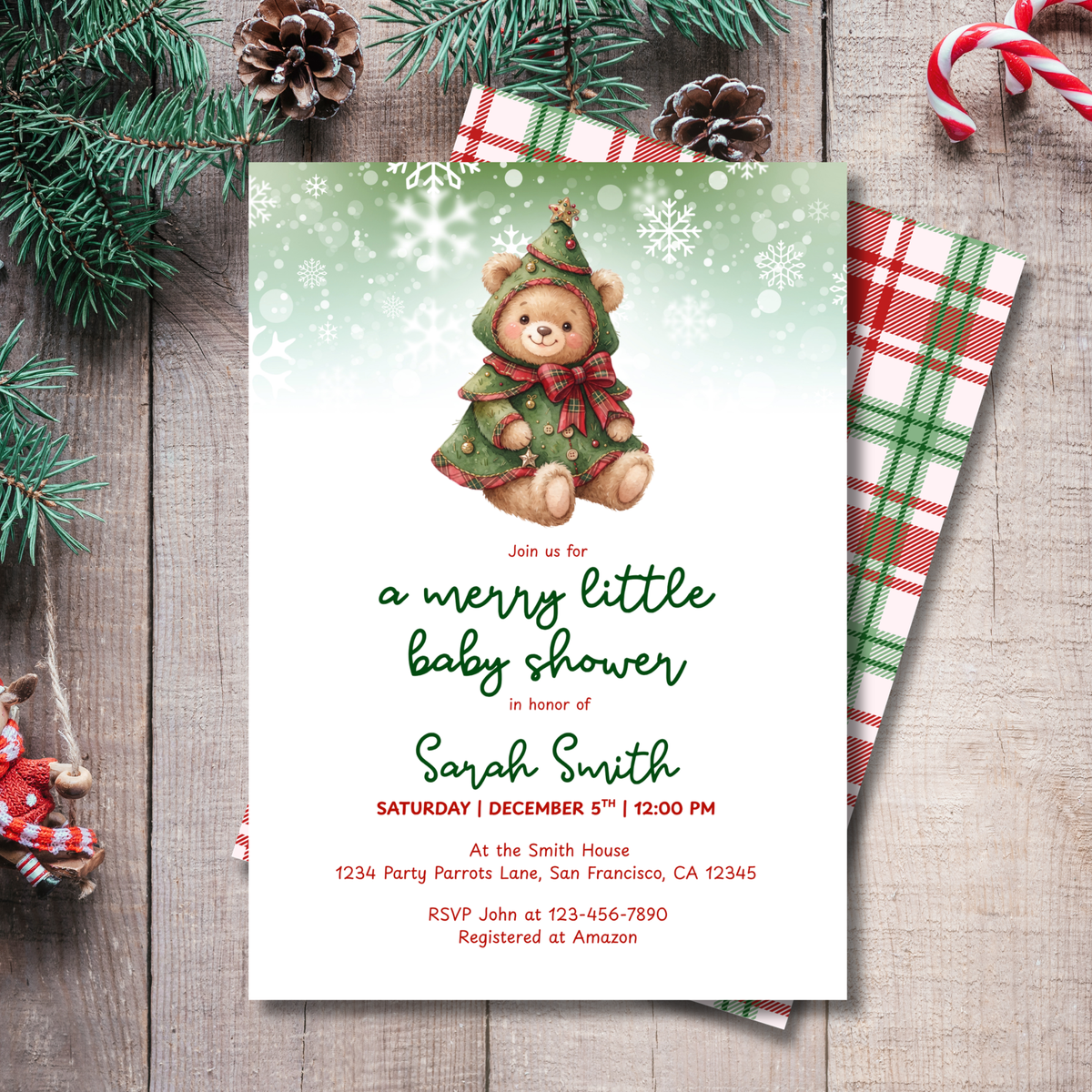 Merry Little Baby Shower Christmas Tree Teddy Bear Invitation – Editable Canva Template