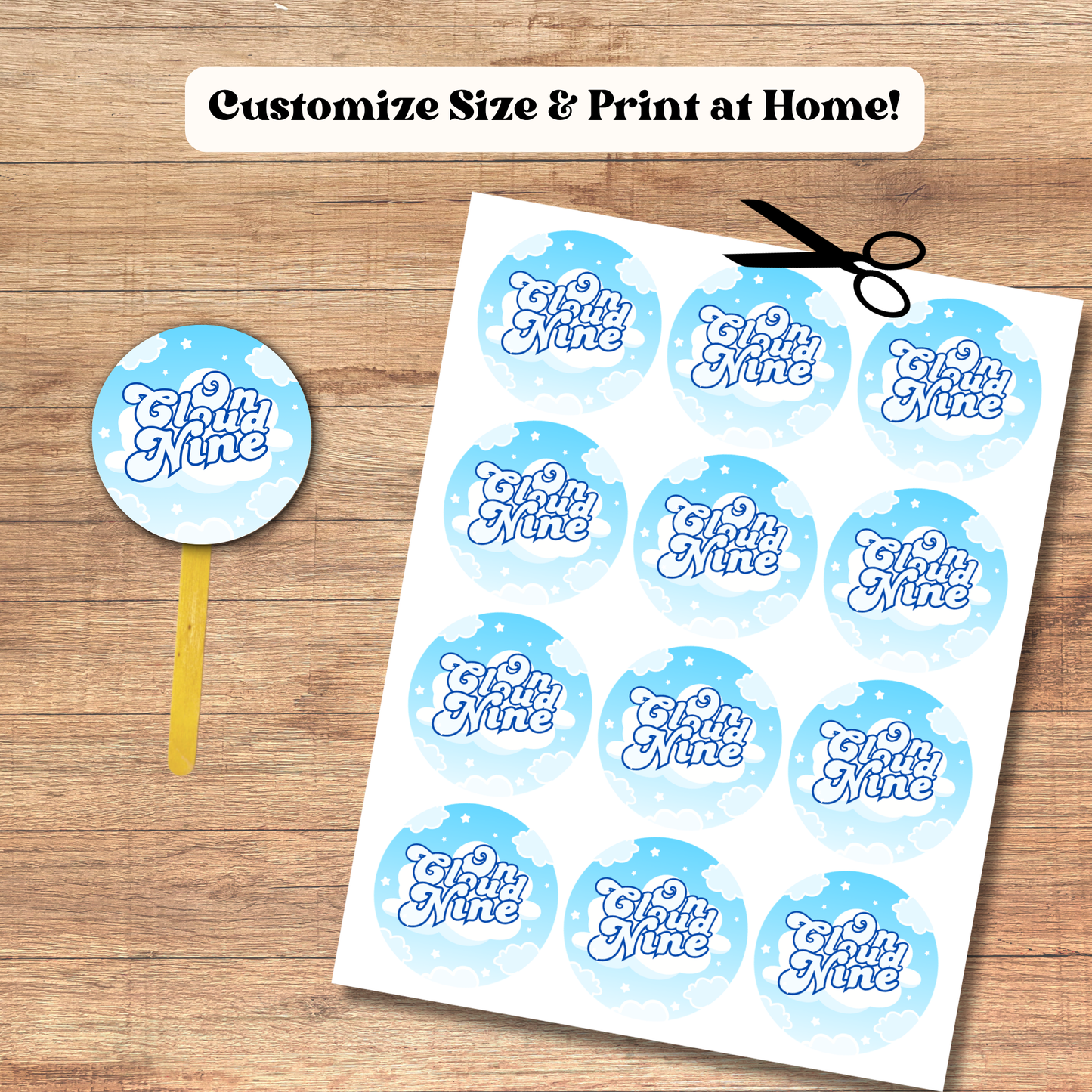 On Cloud 9 Cupcake Toppers: Blue Cloud 9th Birthday Cake Topper Template (Instant Download)