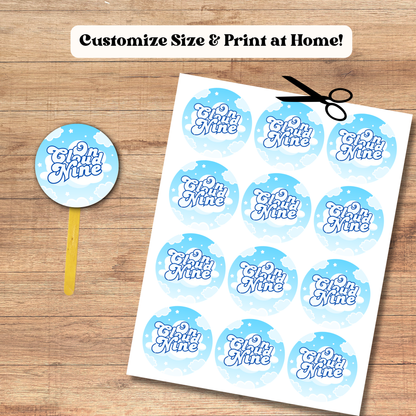On Cloud 9 Cupcake Toppers: Blue Cloud 9th Birthday Cake Topper Template (Instant Download)