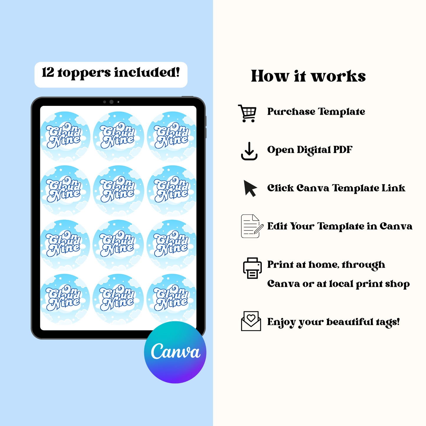 On Cloud 9 Cupcake Toppers: Blue Cloud 9th Birthday Cake Topper Template (Instant Download)