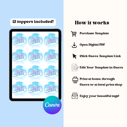 On Cloud 9 Cupcake Toppers: Blue Cloud 9th Birthday Cake Topper Template (Instant Download)