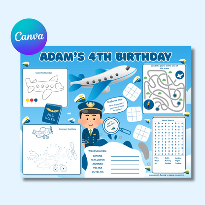 Airplane Editable Activity Placemat, Airplane Pilot Birthday Activity Page Template in Color