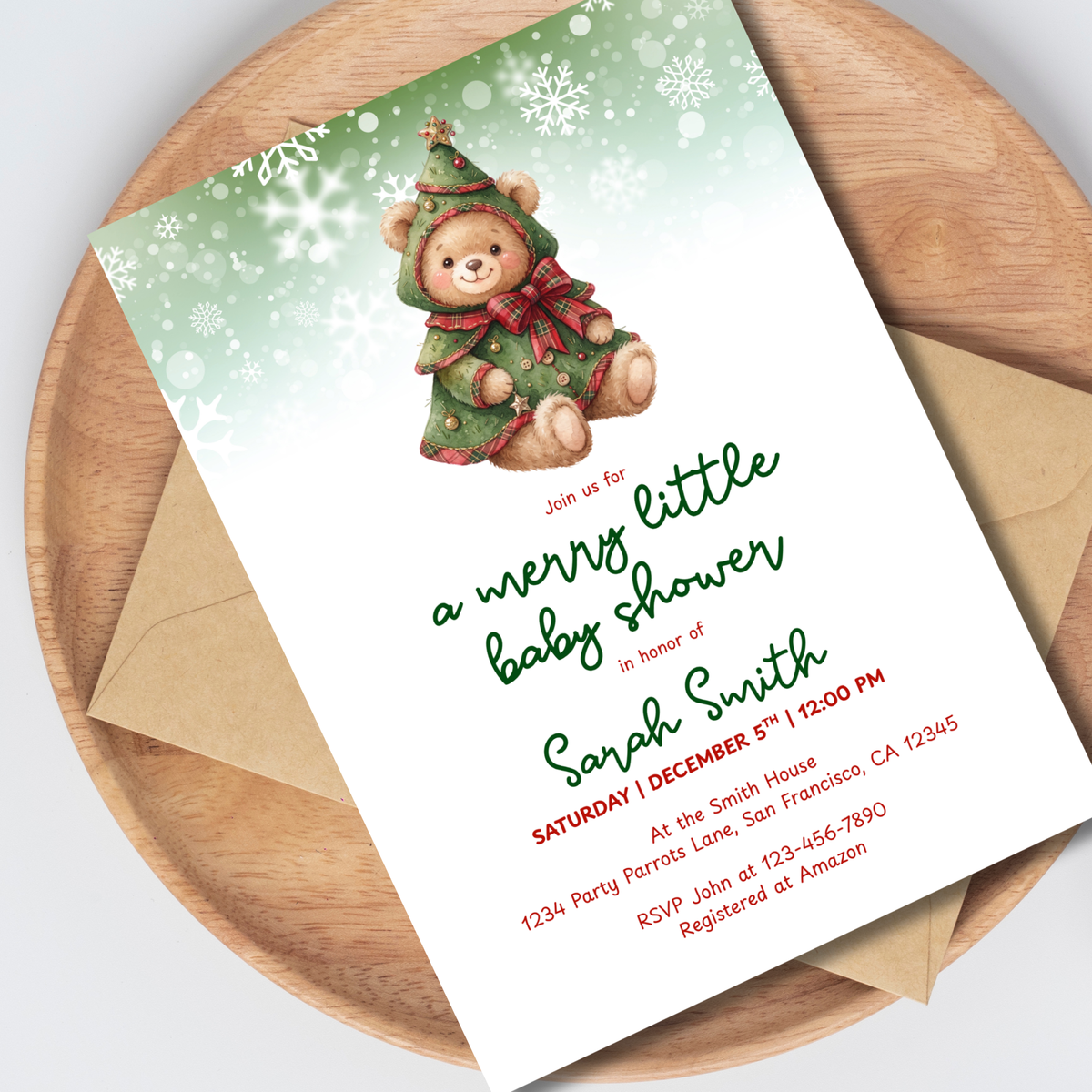 Merry Little Baby Shower Christmas Tree Teddy Bear Invitation – Editable Canva Template