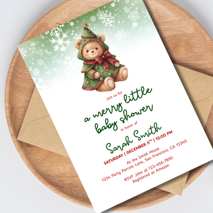 Merry Little Baby Shower Christmas Tree Teddy Bear Invitation – Editable Canva Template