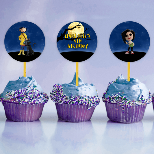 Coraline Cupcake Toppers: Cute Spooky Girl Birthday 12 Cupcake Toppers Editable Template (Instant Download)