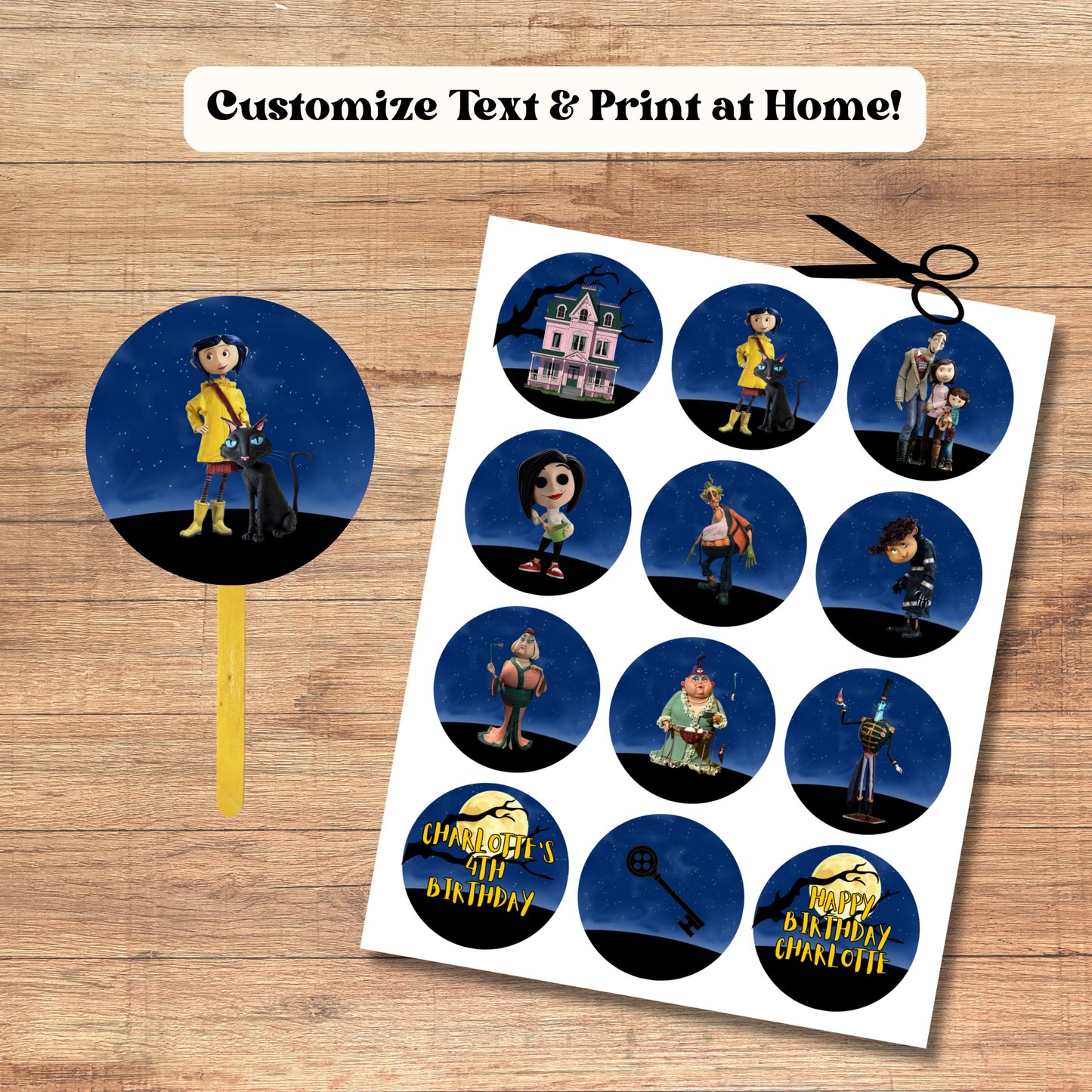 Coraline Cupcake Toppers: Cute Spooky Girl Birthday 12 Cupcake Toppers Editable Template (Instant Download)