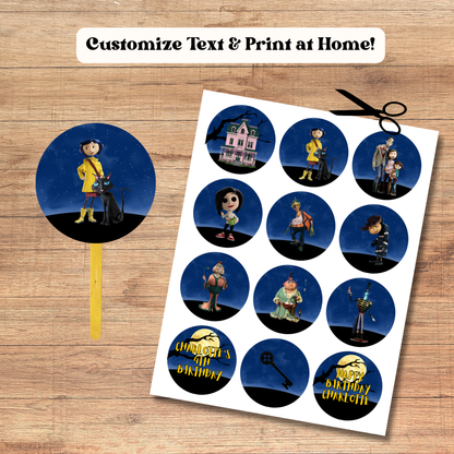 Coraline Cupcake Toppers: Cute Spooky Girl Birthday 12 Cupcake Toppers Editable Template (Instant Download)