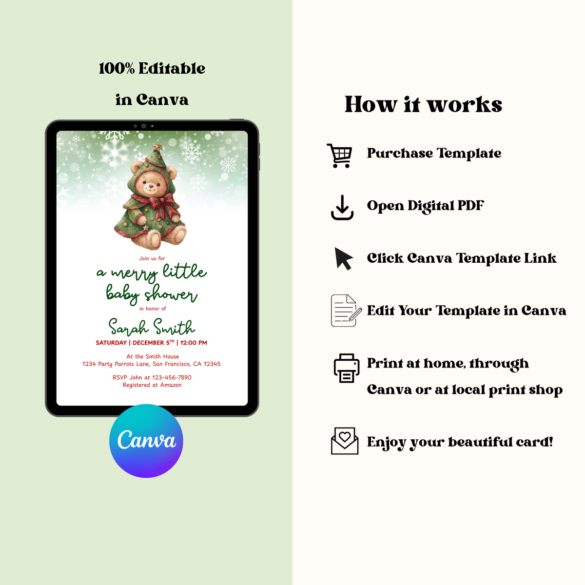 Merry Little Baby Shower Christmas Tree Teddy Bear Invitation – Editable Canva Template