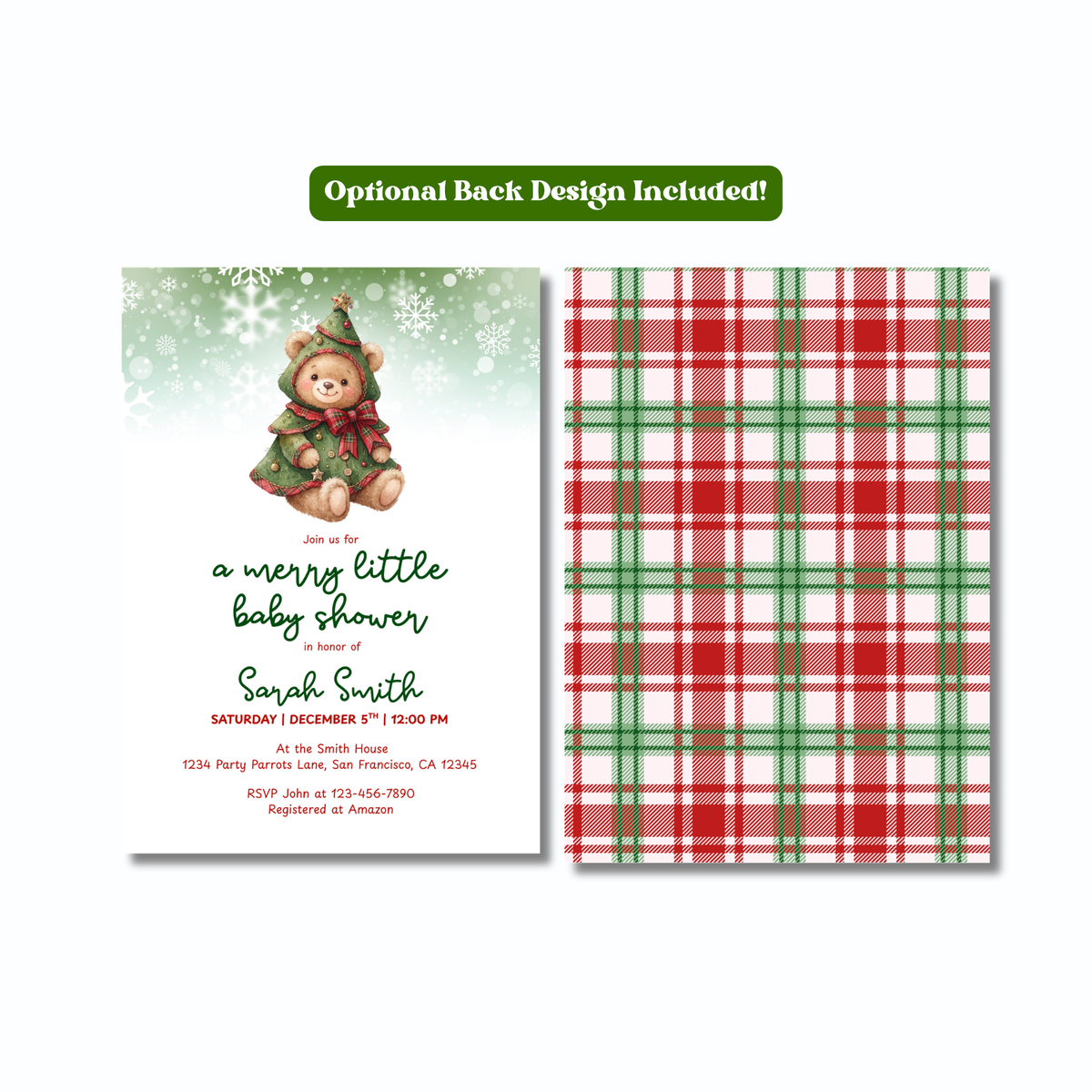 Merry Little Baby Shower Christmas Tree Teddy Bear Invitation – Editable Canva Template