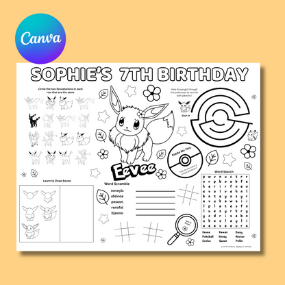 Eevee Editable Birthday Activity Page Placemat Placemat