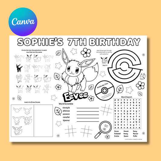 Eevee Editable Birthday Activity Page Placemat Placemat