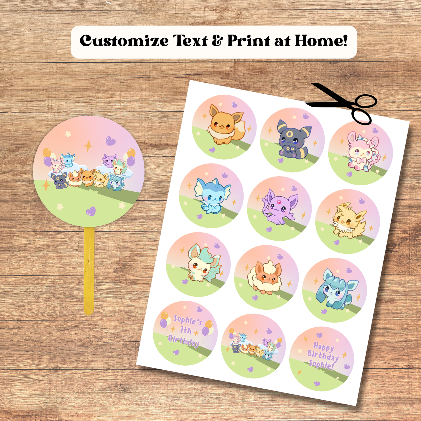 Eevee Cupcake Toppers: Pokemon Birthday Cake Topper Template (Instant Download)