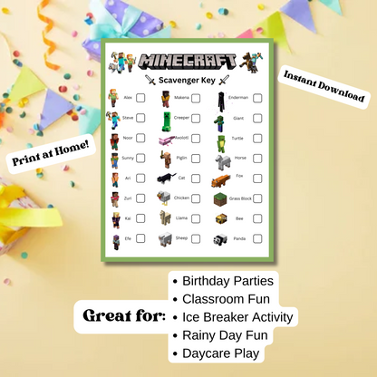 Minecraft Scavenger Hunt Game, Minecraft Friends Birthday Party Parody Printable
