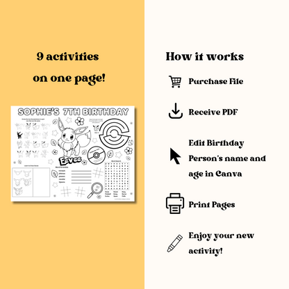 Eevee Editable Birthday Activity Page Placemat Placemat