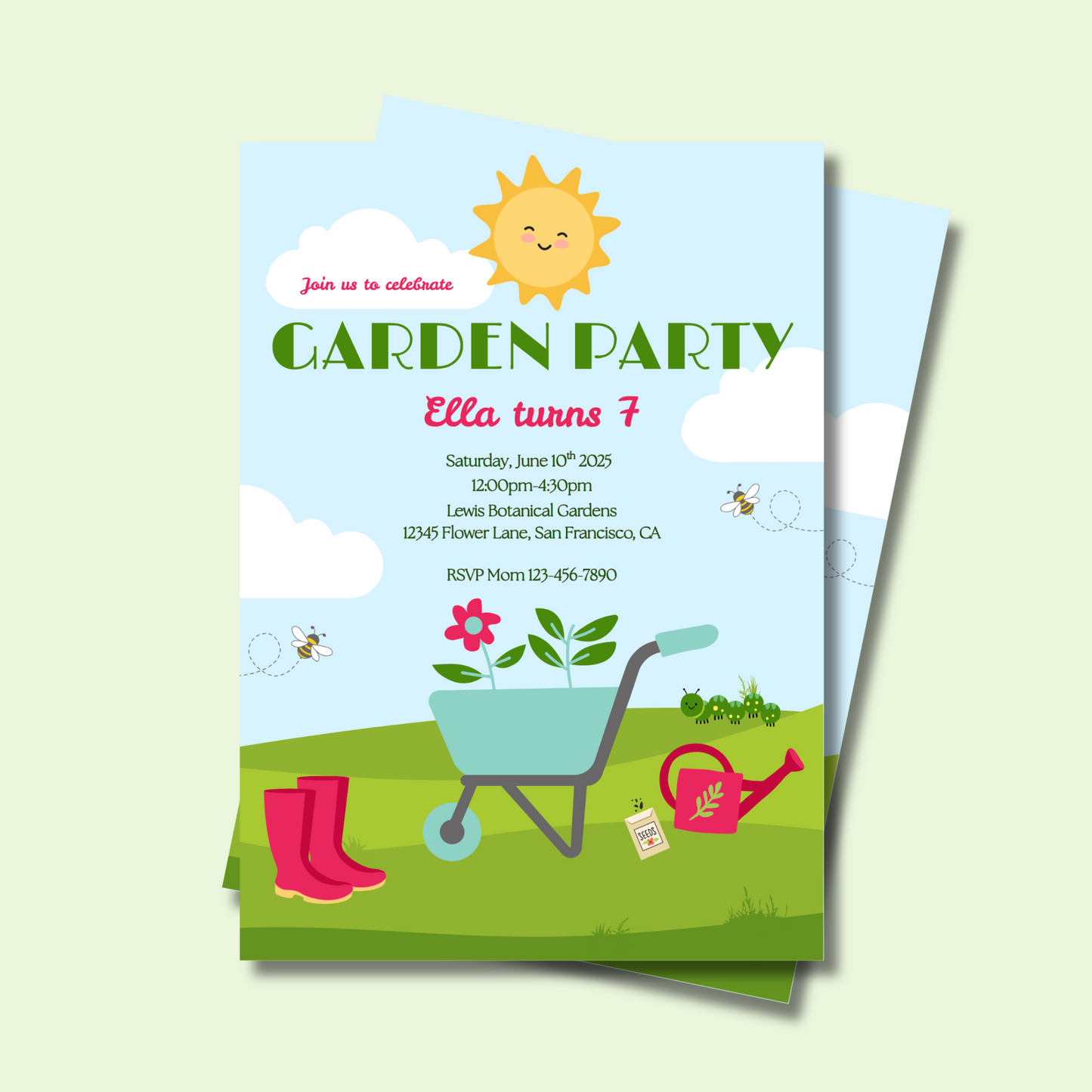Garden Editable Invitation, Kids Garden Birthday Invite, Cute Garden Invite Digital Template, Instant download