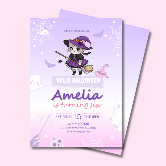 Halloween Kitty Birthday Invitation, Kawaii Witch Kitty Party Invite, Editable Template, Spooky Cute Kids Halloween Birthday, 5x7