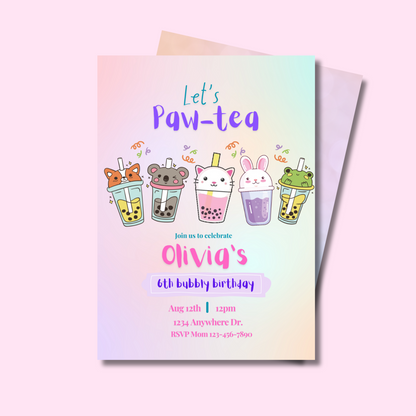 Boba Tea Birthday Invitation, Editable Bubble Tea Party Invite for Kids, Printable Paw-Tea Birthday Template, Instant Download, 5x7