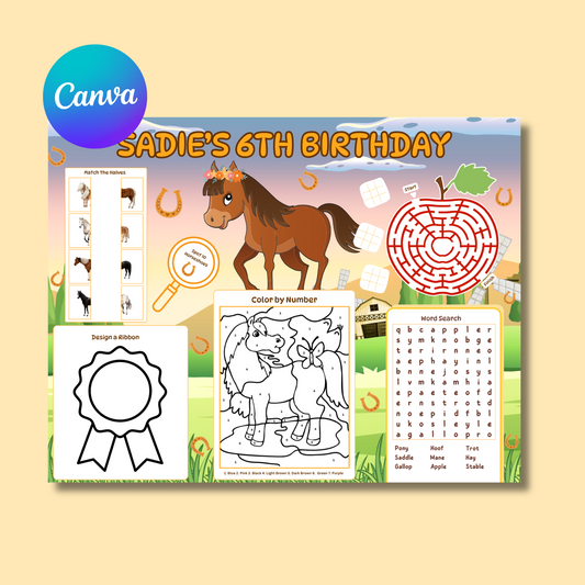 Horse Birthday Activity Placemat, Editable Pony Activity Sheet Template, Farm and Pony Games, Digital Download In Color