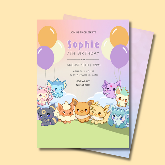 Eevee and Friends Editable Birthday Invite, Birthday Invitation for Boys Girls, Eevee Party Invite, Pokemon Party Invite for Kids 5x7