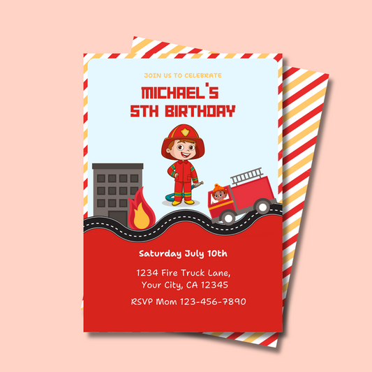 Firefighter Birthday Invitation, Editable Fire Truck Party Invite for Kids, Fireman Theme Birthday Template, Instant Download