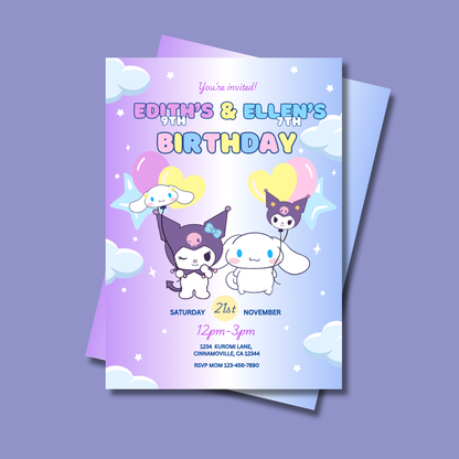 Kuromi x Cinnamoroll Birthday Invite Editable, Kawaii Sibling Invitation, 5x7