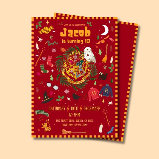 Magical Wizard Christmas Birthday Invitation, Holiday Party Invite, Red Winter Wizarding Theme, Editable Template, Instant Download, 5x7